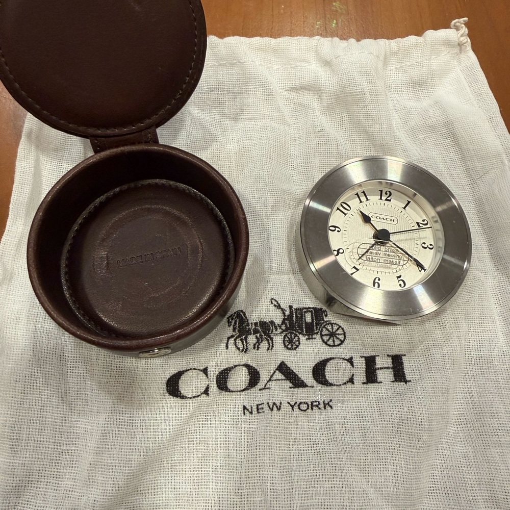 Coach Silver Clock with Brown Leather Case
